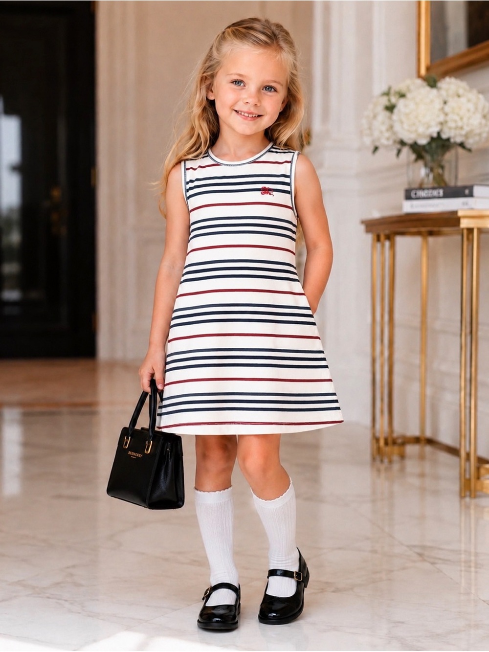 Burberry Girls Iconic Nova Check Horse Logo Striped Sleeveless Dress